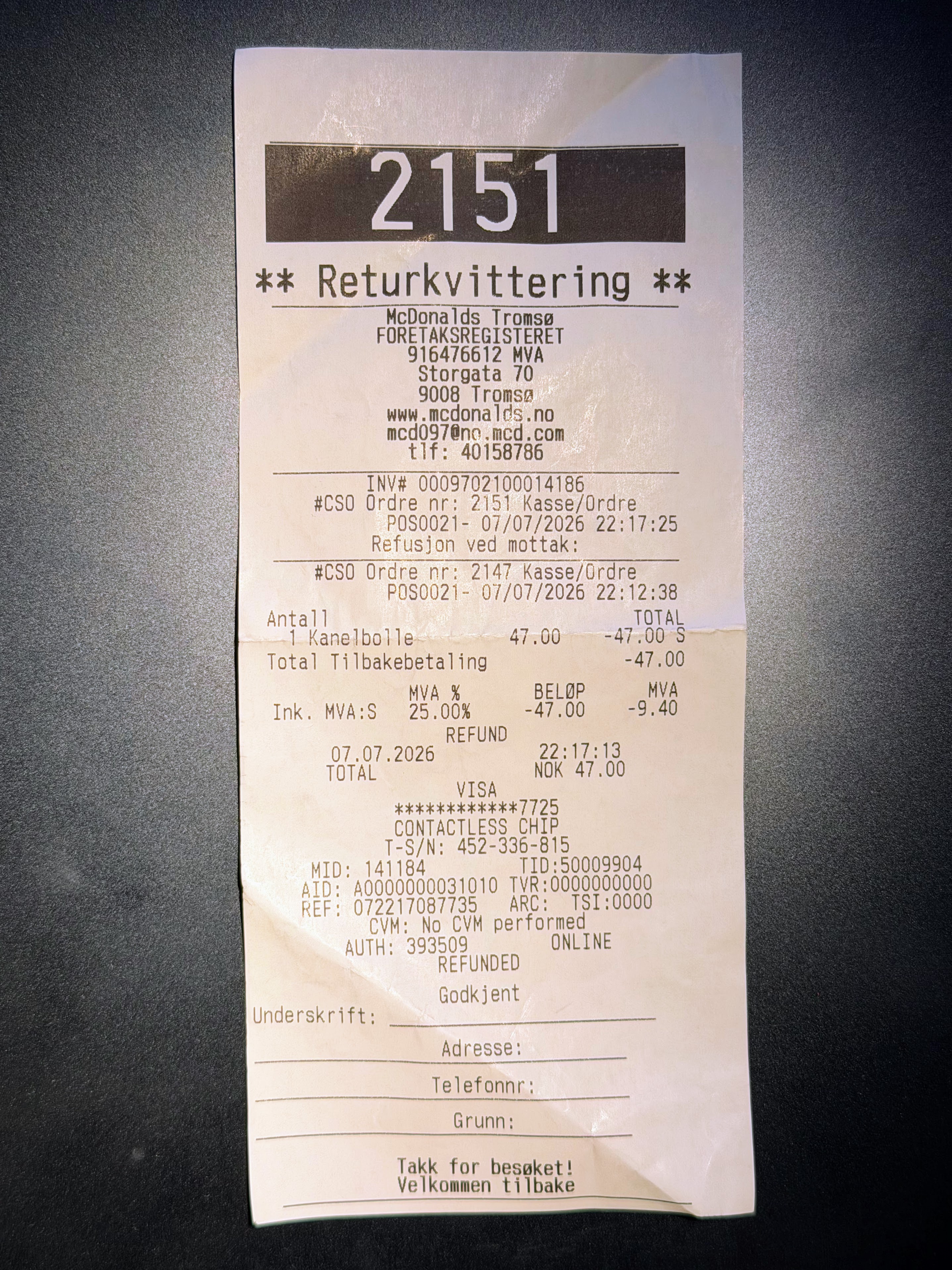 A Norwegian McDonald's refund receipt for one kanelbolle, 47 NOK, dated 7 July 2026