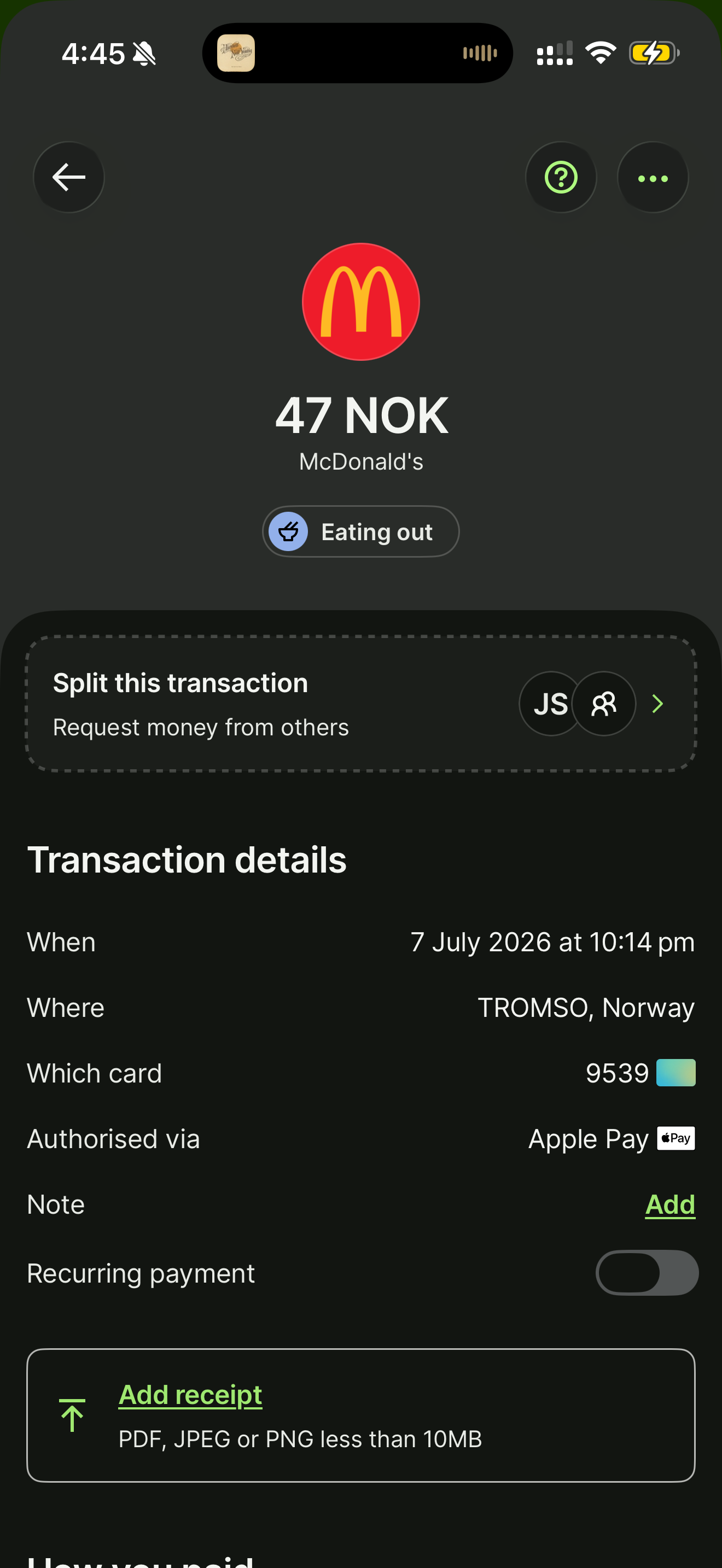 Wise app transaction: 47 NOK debit, McDonald's, Tromsø, 7 July 2026 at 10:14pm