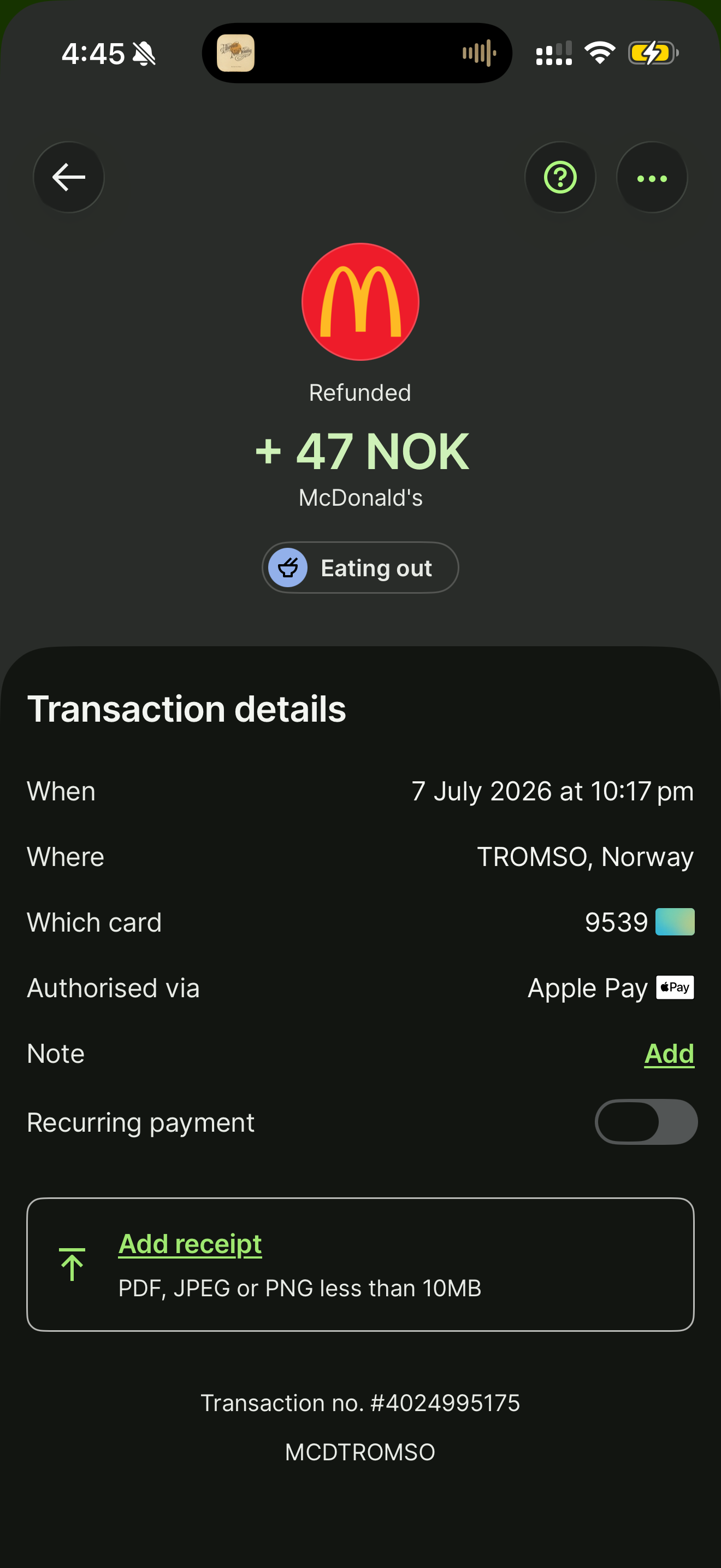 Wise app transaction: 47 NOK refund, McDonald's, Tromsø, 7 July 2026 at 10:17pm